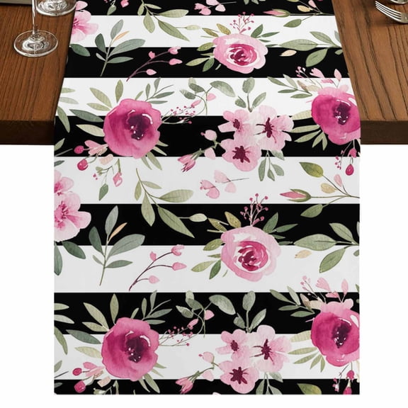 Table Runners 48 Inches Long Dress Scarves, Pink Roses Farmhouse Kitchen Table Runner, Short Coffee Tablerunners, Romantic Flowers Leaves Floral Black Stripes 13x48 Inch