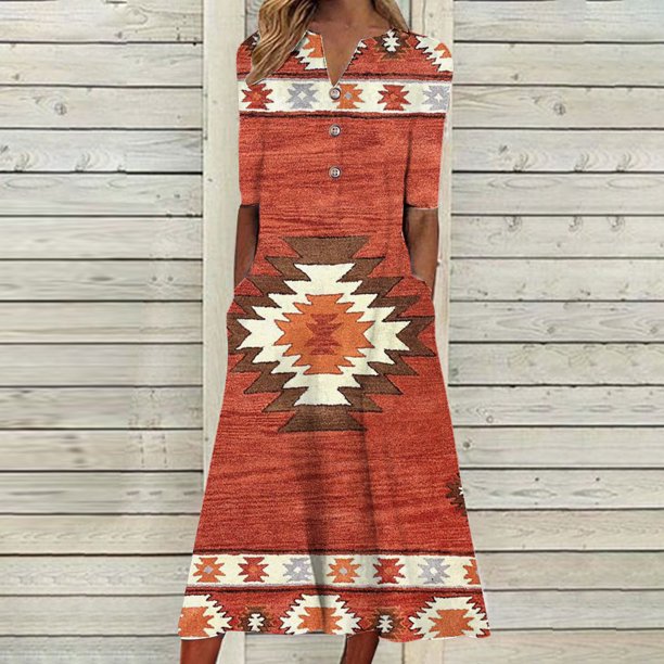 Puntoco Vestido De Manga Corta Con Cuello En V, Vestido Estampado Con Cuello En V Y Bolsillo De Manga Corta Con Botones Para Mujer Rojo (31429) Xl