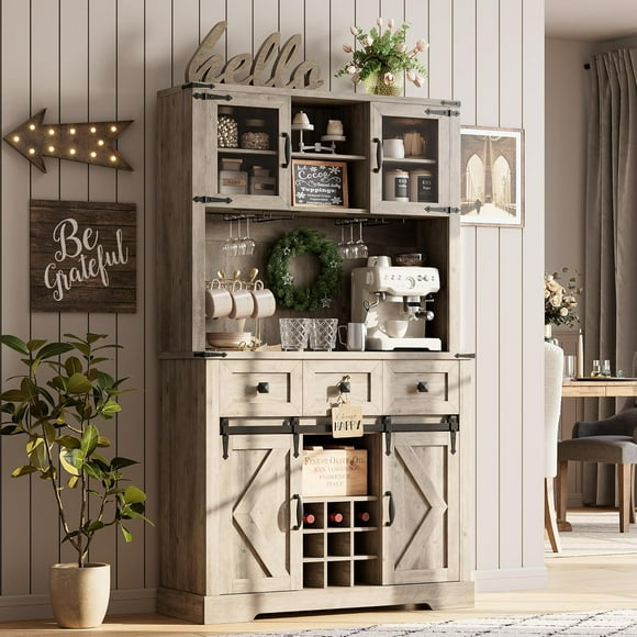 72" Kitchen Pantry Storage Cabinet with Hutch and Sliding Barn Door, Farmhouse Tall Buffet Cabinet with Drawers, Large Coffee Bar with Wine & Glasses Rack, for Home Living Room, Grey