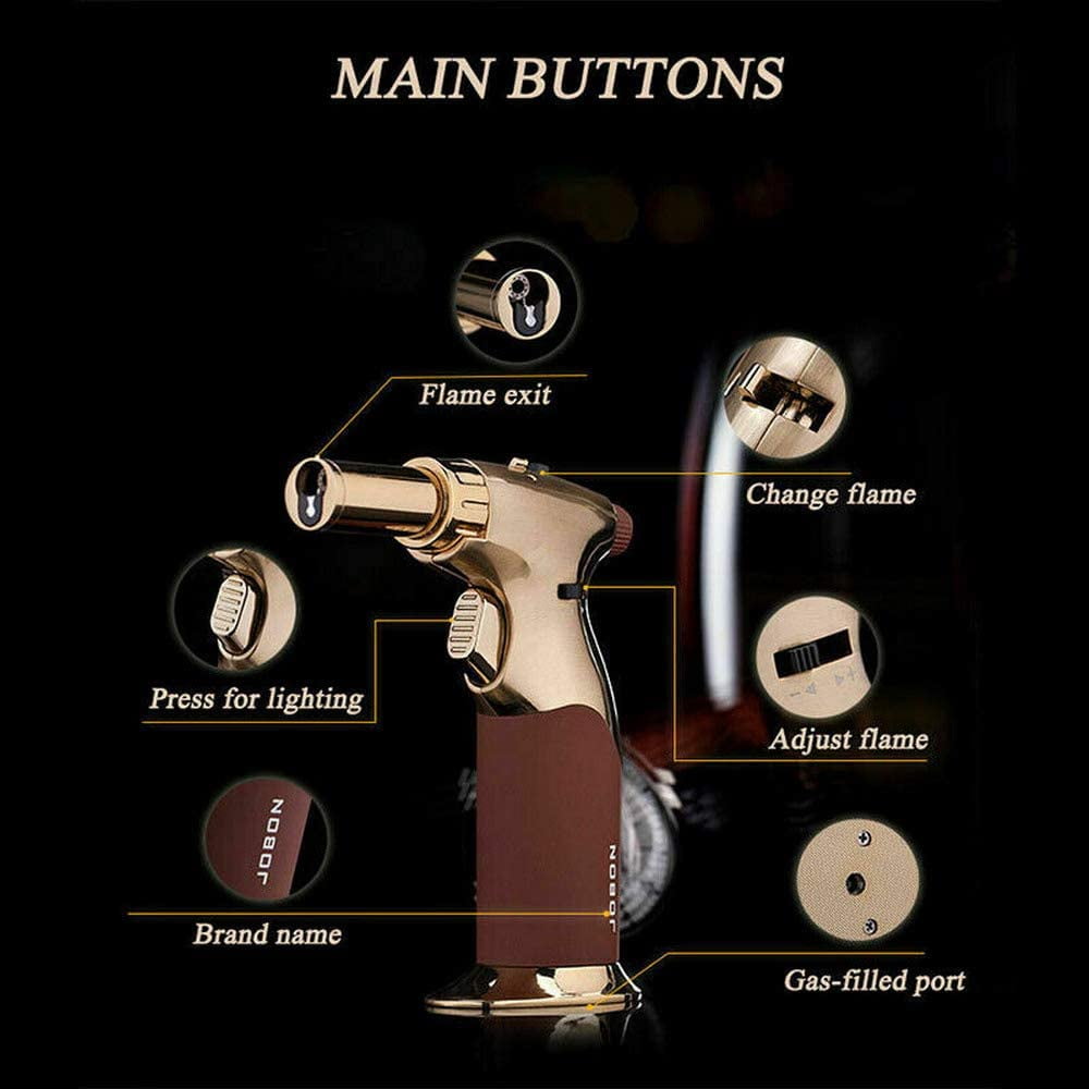 Piioket Windproof Jet Torch Flame Lighter Refillable Butane Gas Adjustable Jet & Normal Fire Cigar Cigarette Lighter - Gold