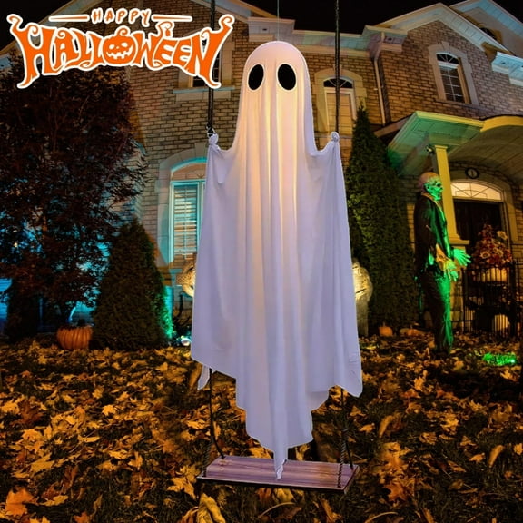 🔥👻 2025 Halloween Sale Clearance!!! Halloween Decorations Outdoor 5 FT Large Hanging Swing Ghost Halloween Decor with String Lights