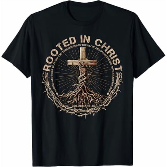 Greenink Rooted in Christ Shirt, Jesus Shirts, Christian Cross T-Shirt for Women Men Religious Graphic Tees,God Faith Clothing Black