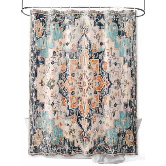 Orange Blue Standard Shower Curtain Set, Waterproof Shower Curtains for Bathroom, Boho Geometric Middle Century Abstract Western Washable Fabric Cloth Bath Curtain for Bathtub with Hooks 72x72 Inches