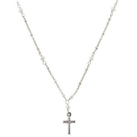 Sterling Essentials Sterling Silver Cross with Silver and Cultured Pearl Chain Necklace
