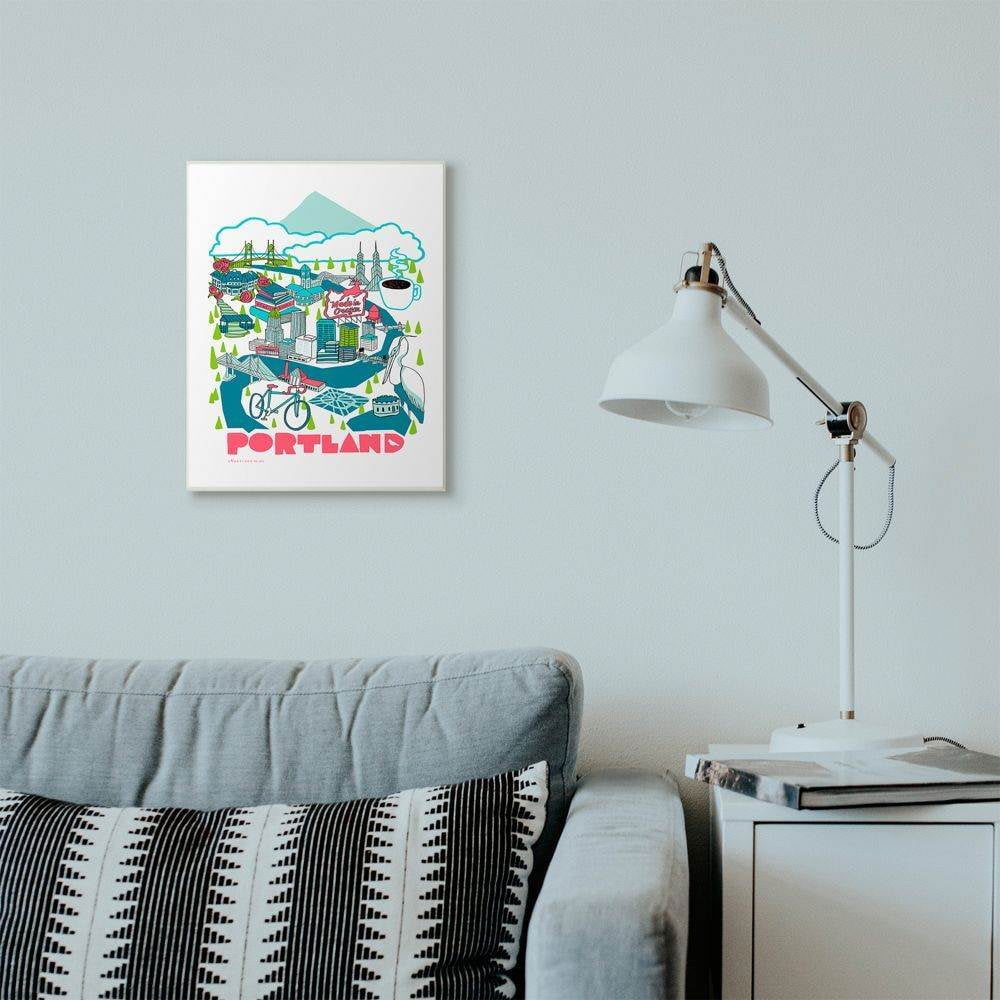The Stupell Home Decor Collection Blue and Red Portland Scenic Illustrated Poster with Bike and Mountain Wall Plaque Art