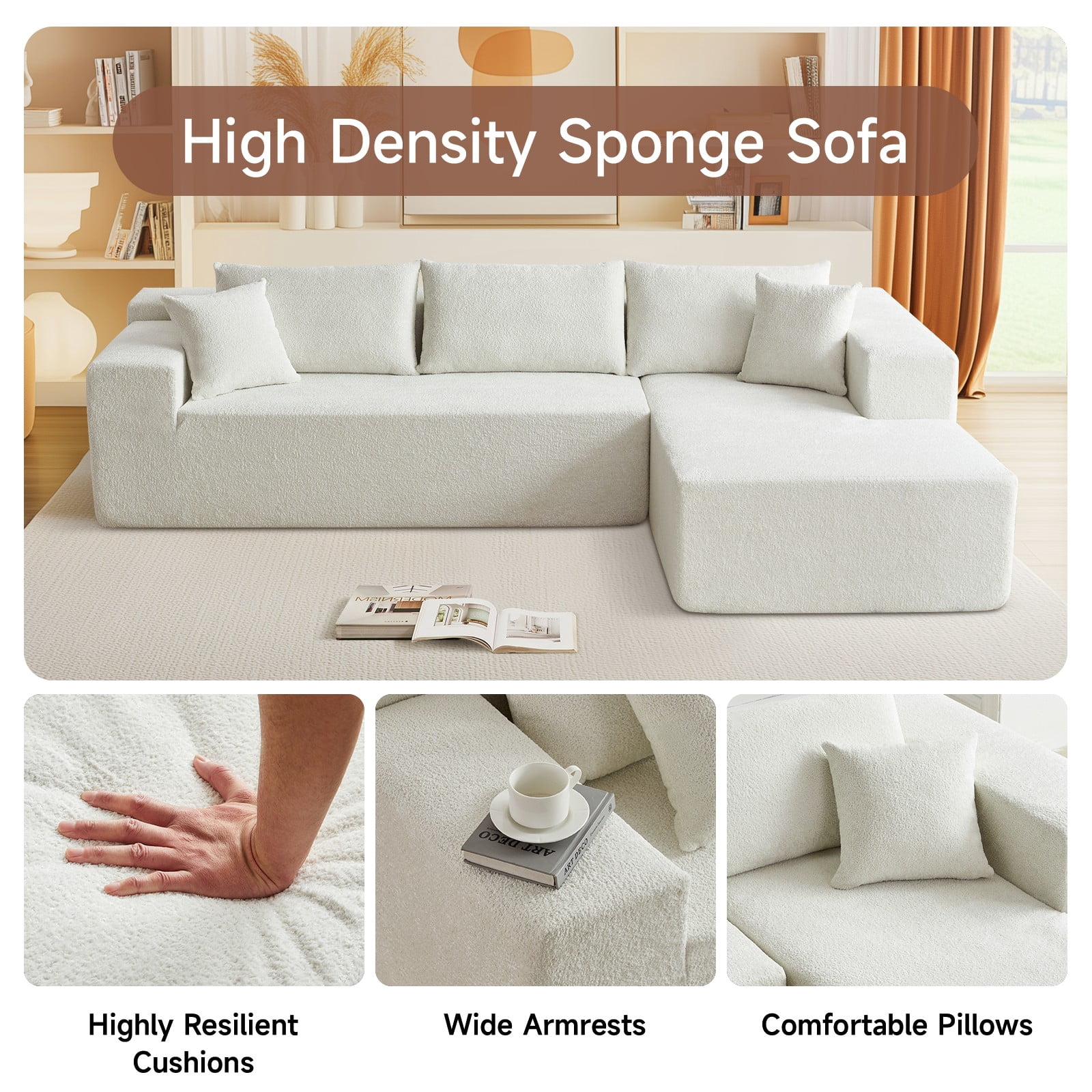 Vinform 103.54 Inch Velvet Sectional Sofa, Modern L-Shaped Modular Sofa with High-Density Foam (Includes Chaise Lounge and Throw Pillows), Upholstered Cloud Sofa for Living Rooms(Beige/Left Side)