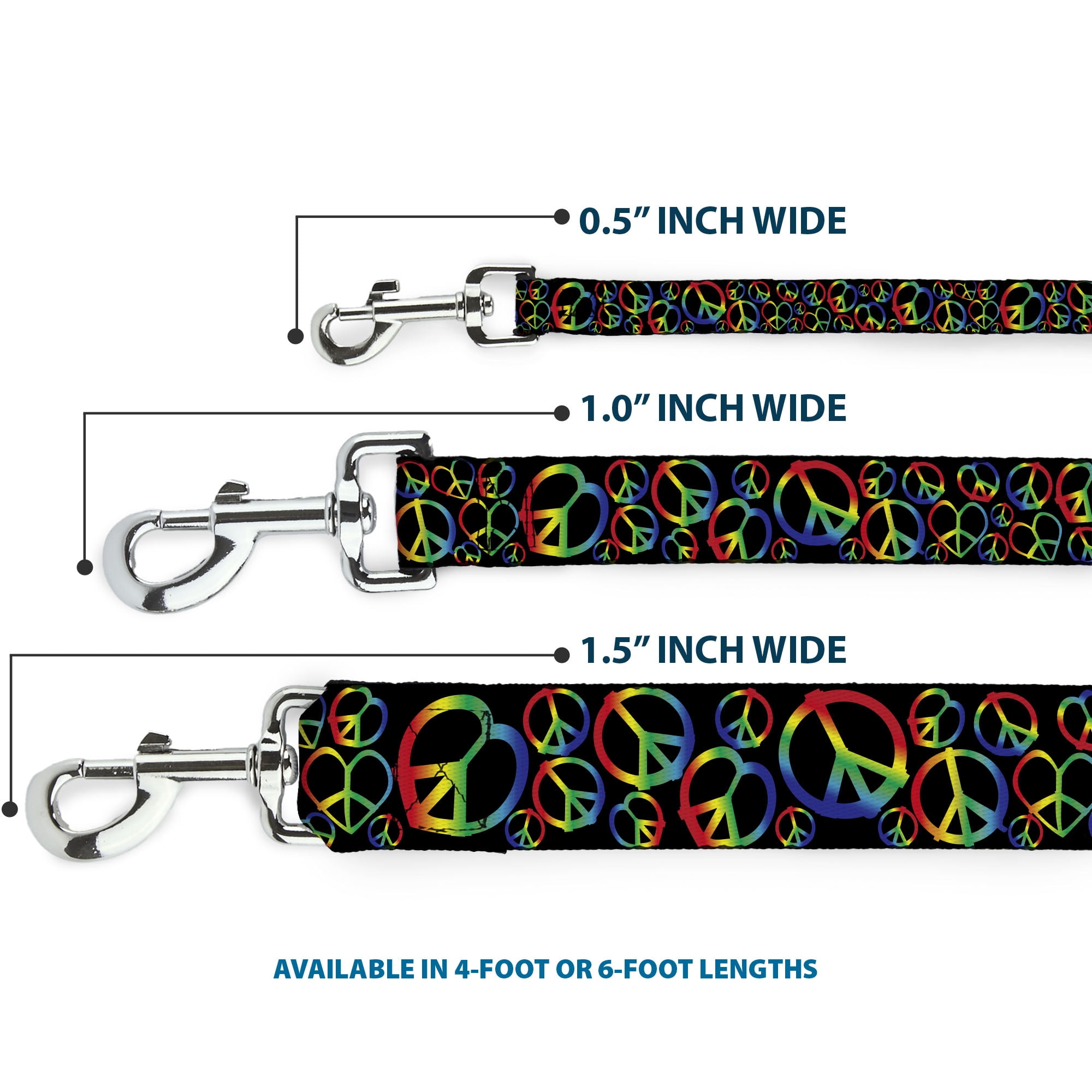 Buckle-Down Pet Leash, Dog Leash, Peace Heart Black Rainbow Ombre, 6 Feet Long 1.0 Inch Wide
