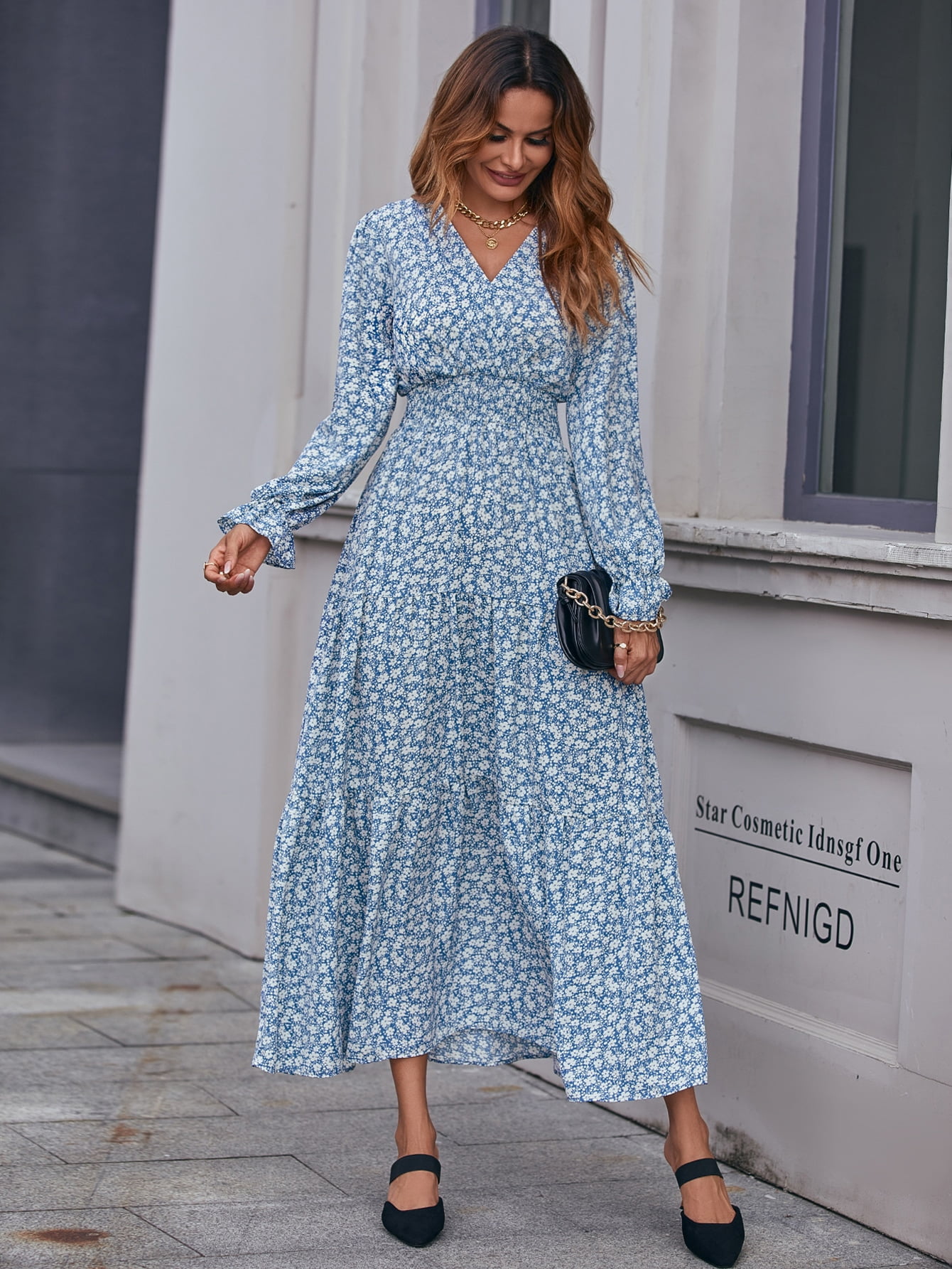 Women's Ditsy Floral Flounce Sleeve 
