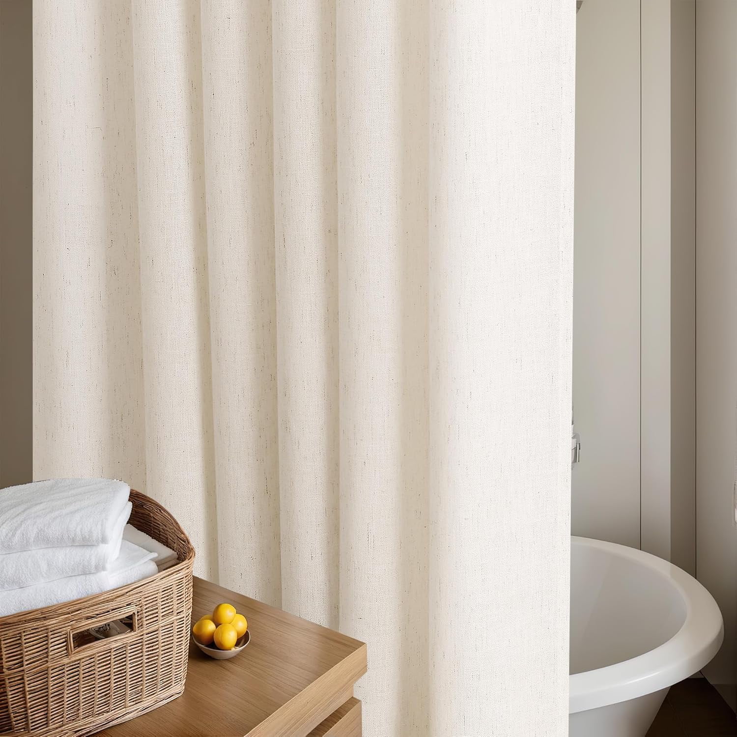 Cream Linen Shower Curtain 80 Inches Long Cloth Fabric Shower Curtain for Bathroom Neutral Hotel Bathtub Luxury Water Repellent Extra Long 80 Inch Drapes Set with Hooks Ivory Birch, 72x80
