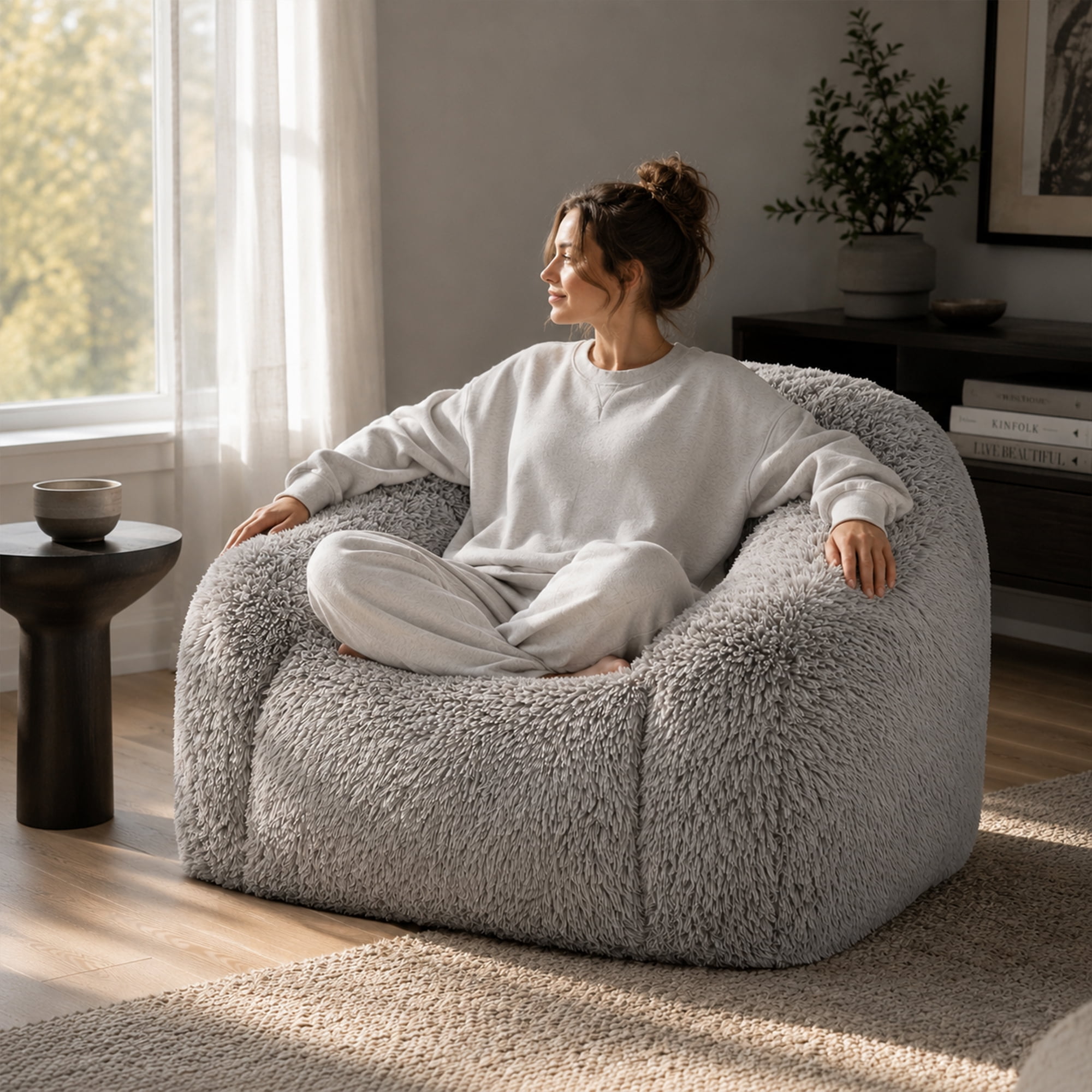 Aenkyo 40.6 Inch Faux Fur Single Sofa Chair, Comfy Lounge Chair in a Box, Gray