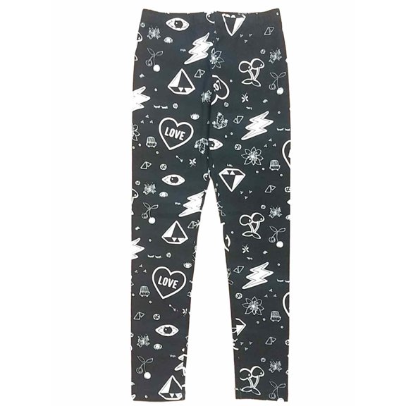 Girls Black Love Grafitti Leggings Cherry Cupcake Knit Stretch Pants S (7-8)