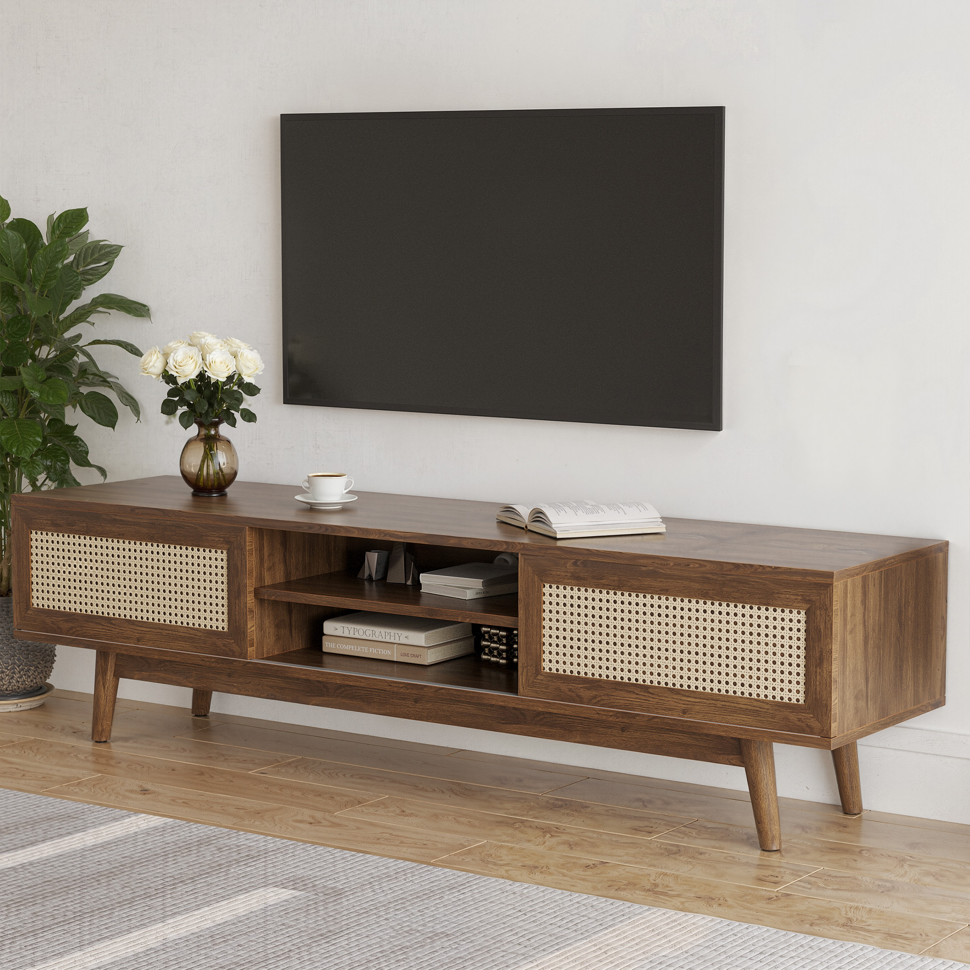 MAYEERTY Light Walnut 65" Mid Century Modern TV Stand, Boho Media Console with Cable Management for Living Room