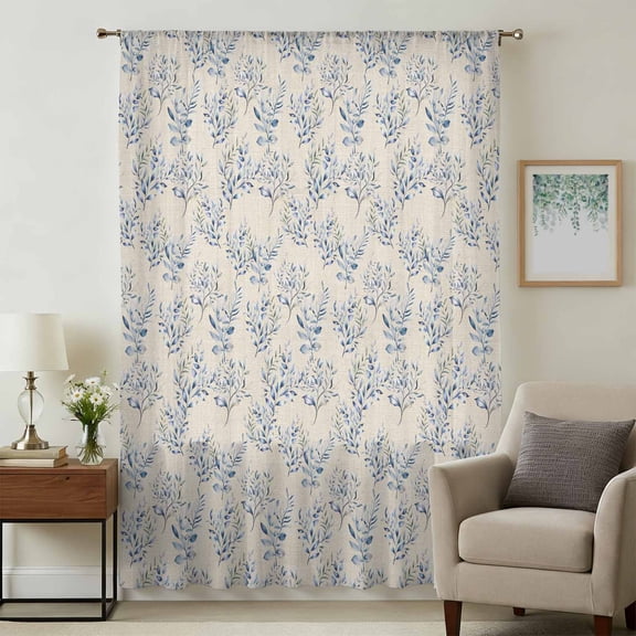 Rustic Blue Leaves Sheer Curtains 96 Inches Long, Farmhouse Botanical Beige Light Filering Curtains, Privacy Drapes Simi Floor to Veiling Curtain for Living Room Bedroom Large Window Treatment