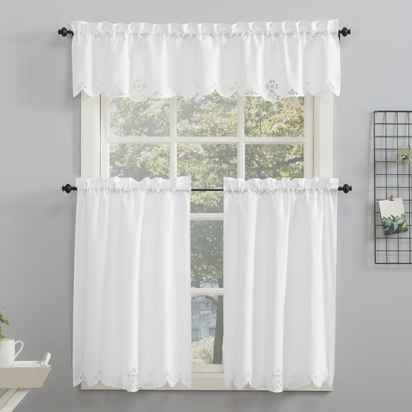 No. 918 Mariela Floral Trim Semi-Sheer Rod Pocket Kitchen Curtain Valance and Tiers Set, 58" x 36" 3-Piece, White
