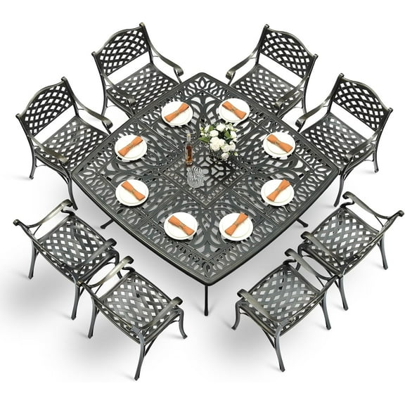 VIVIJASON 9-Piece Outdoor Dining Set, Cast Aluminum Retro Patio Furniture Table and Chairs Set for 8, Include Large 64" Square Dining Table and 8 Chairs with Umbrella Hole for Deck Porch