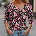 thumbnail image 2 of Kilaqueen Breast Cancer Awareness Shirts for Women Long Sleeve Oblique Collar V Neck Pink Ribbon Print October Tops for Going Out, 2 of 5