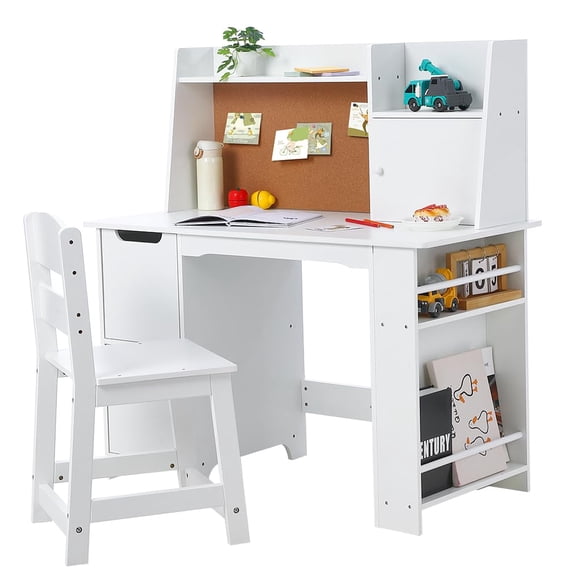 Yeshouse Escritorio y silla para niños, mesa de estudio de madera con estante de almacenamiento, tablde anuncios para niños de 3 a 8 años