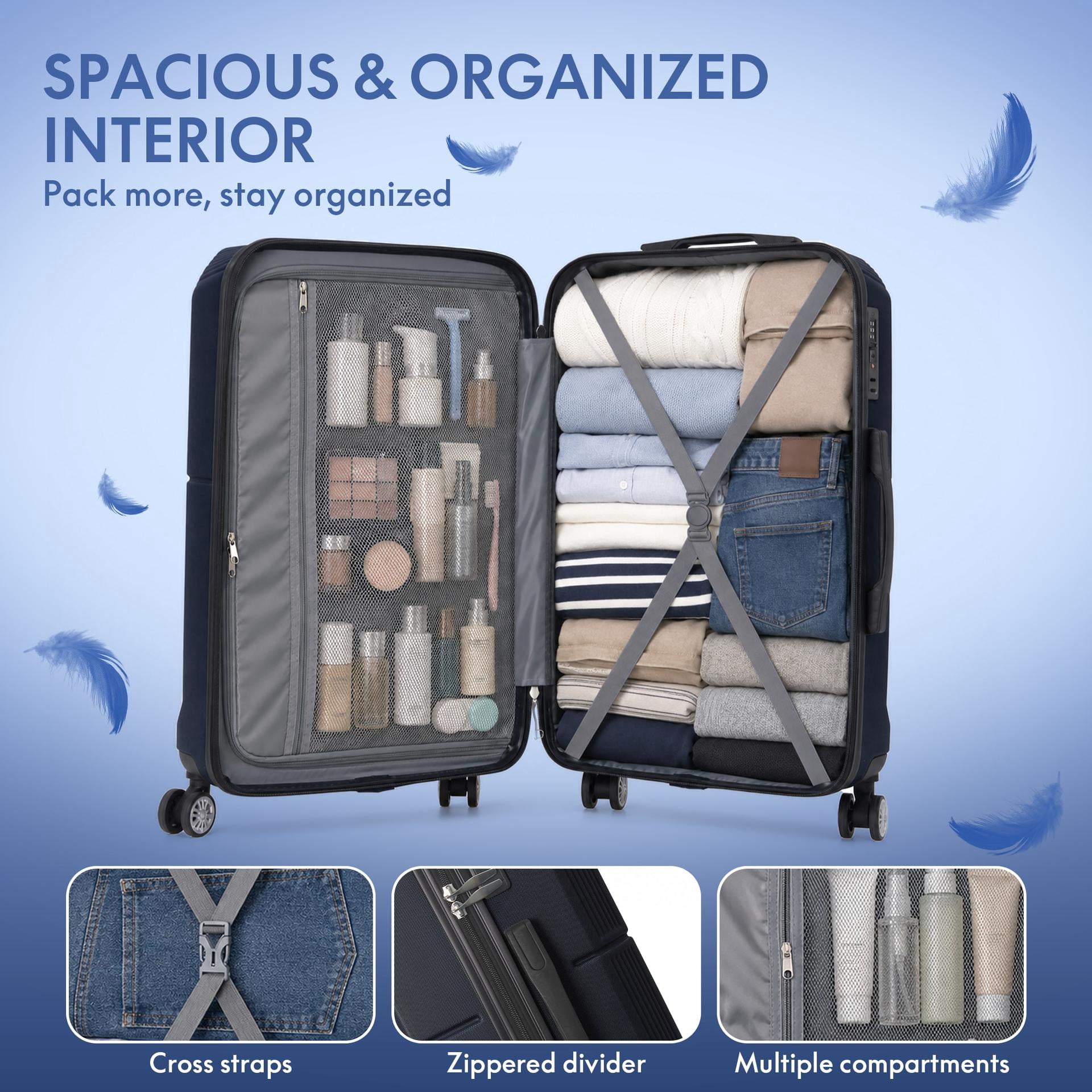 3-Piece ABS Hardshell Luggage Set, Lightweight Durable Suitcases with TSA-Approved Lock, 4 Silent Spinner Wheels & Scratch-Resistant Ribbed Shell, 20"/24"/28", Blue