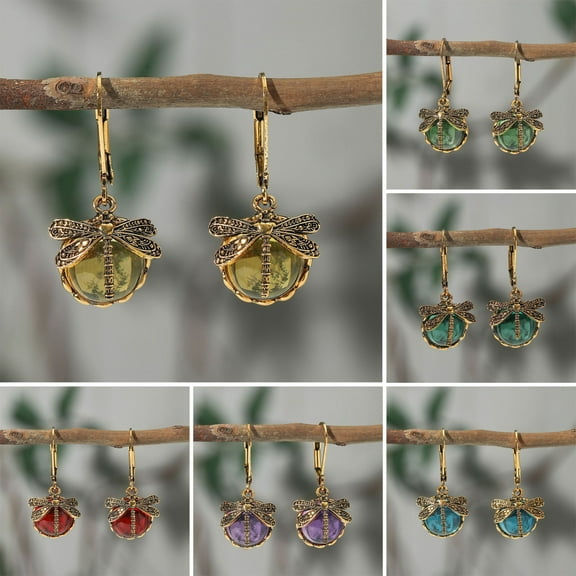 Naierhg 1 Pair Women Dragonfly Decor Leverback Earrings Faux Crystal Drop Earrings Bohemia Dangle Earrings Jewelry Gift