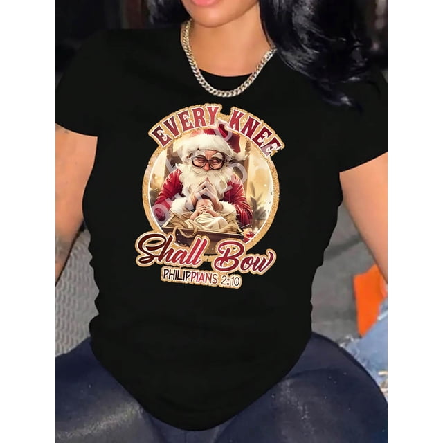 Women'S Christmas Santa Graphic Print T-Shirt, Casual Crew Neck Short Sleeve Tee, Polyester Knit Fabric with Medium Stretch, Festive Holiday Top for All Seasons