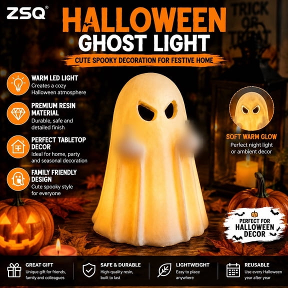 Halloween Ghost LED Decoration, Lighted Resin Ghost Figurine for Tabletop Shelf Home Decor, Spooky Seasonal Decorative Statue for Indoor Display