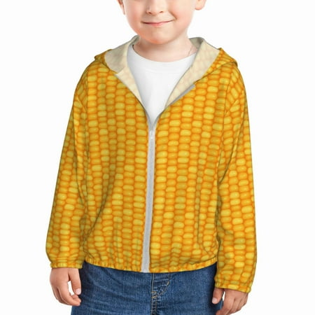 

Qekee Corn Kernels Print UPF 50+ Kids Sun-Protective Hooded Long Sleeve Rash Guard for Fishing Water Beach Sports -4 Years