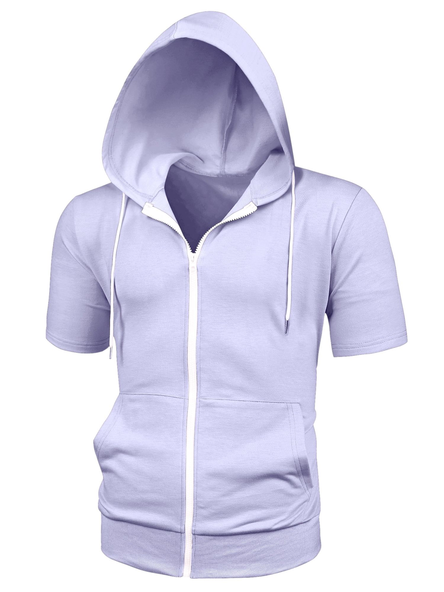Unique Bargains Men's Short Sleeve Solid Color Zip Up Sport Hoodies L Light Purple