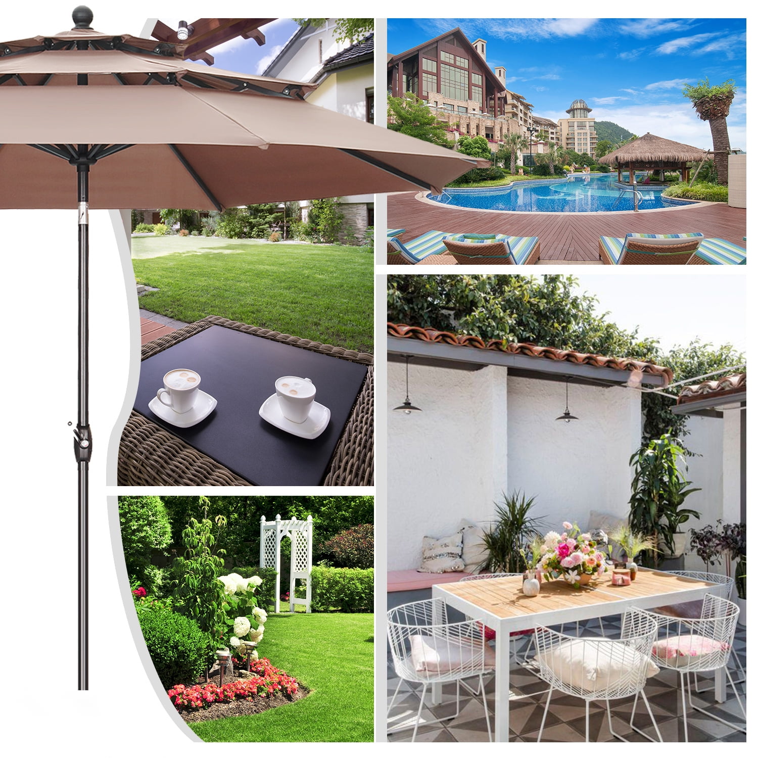 Autlaycil 10ft Brown Outdoor Patio Umbrella with 3 Tiers, Push Button Tilt and Crank for Garden Lawn Backyard Pool