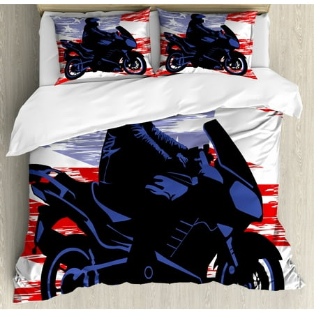 Teen Room Duvet Cover Set Man On Motorcycle Riding American Flag