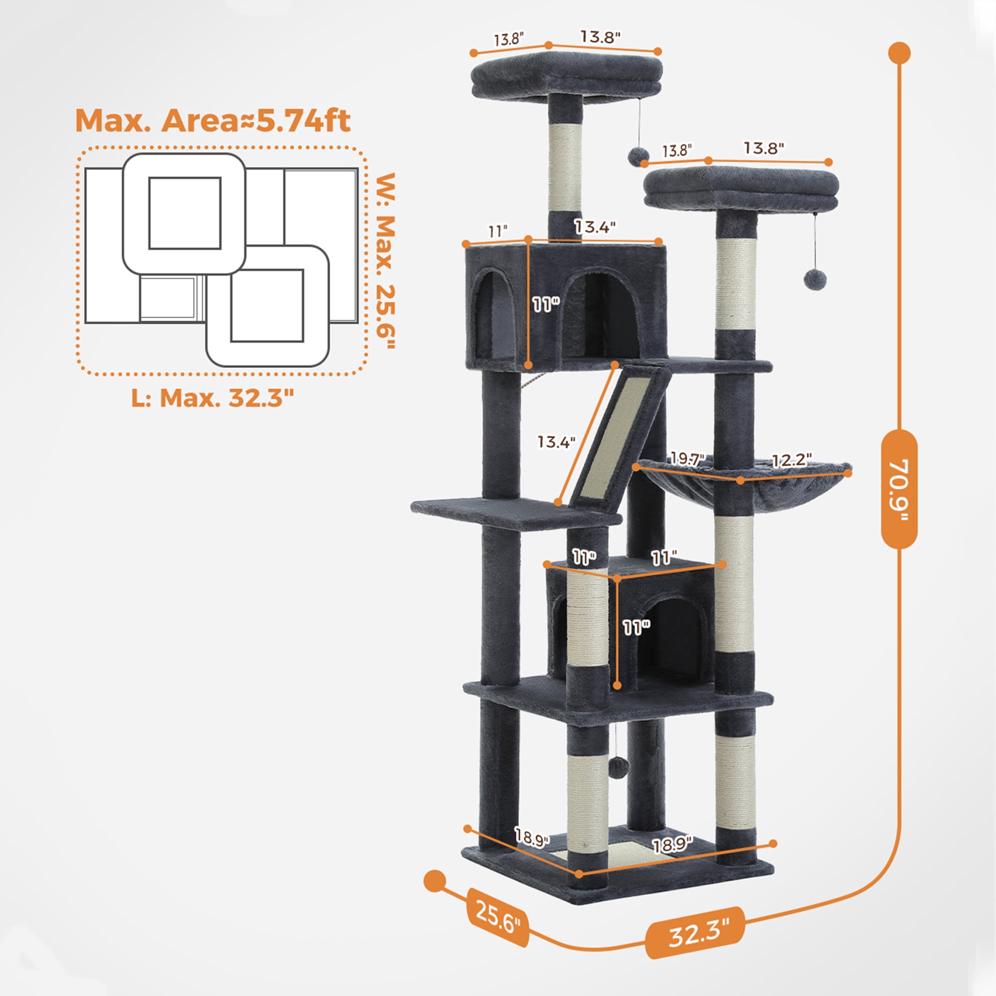 Pefilos 70" Large Cat Tree for Indoor Cats, Multi-Level Cat Tower Cat Scratching Post with 2 Perches, 2 Condos, Hammock and 2 Pompoms, Dark Gray