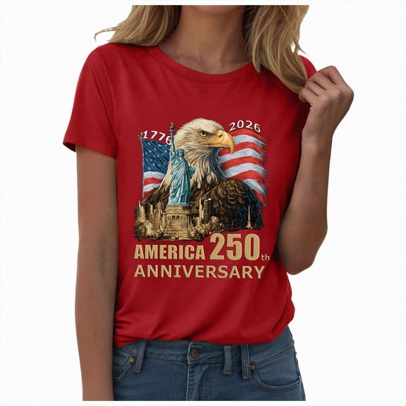 Duqingm 250th Anniversary Usa Shirt Women Tops 5th of July Tee Women's Independence Day Printed Round Neck Short Sleeved T-Shirt Top Red,L