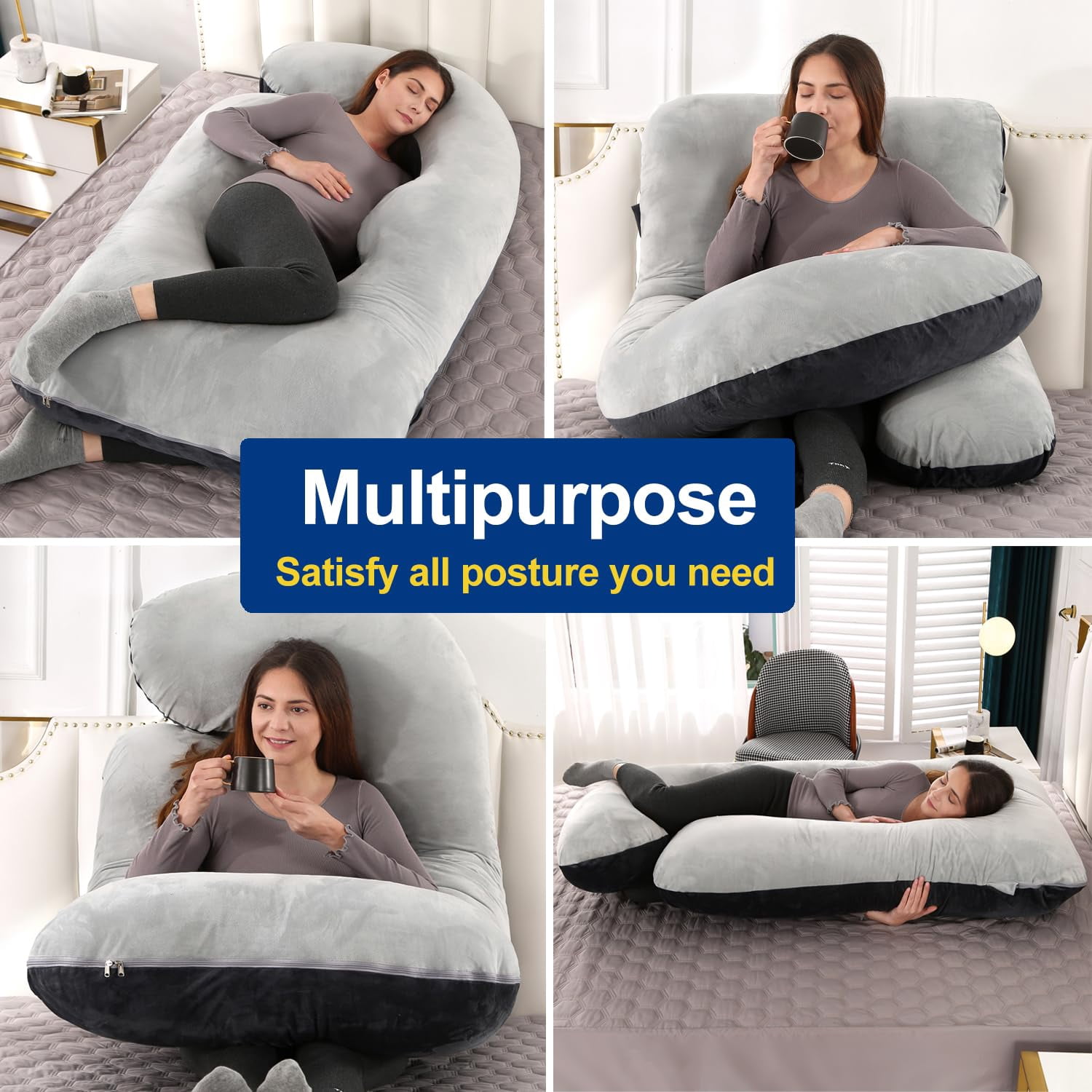 60-inch J-Shaped Pregnancy Pillow, Full Body Maternity Pillow for Side Sleepers, Soft Velvet Removable Washable Cover, Back Hip Leg Support