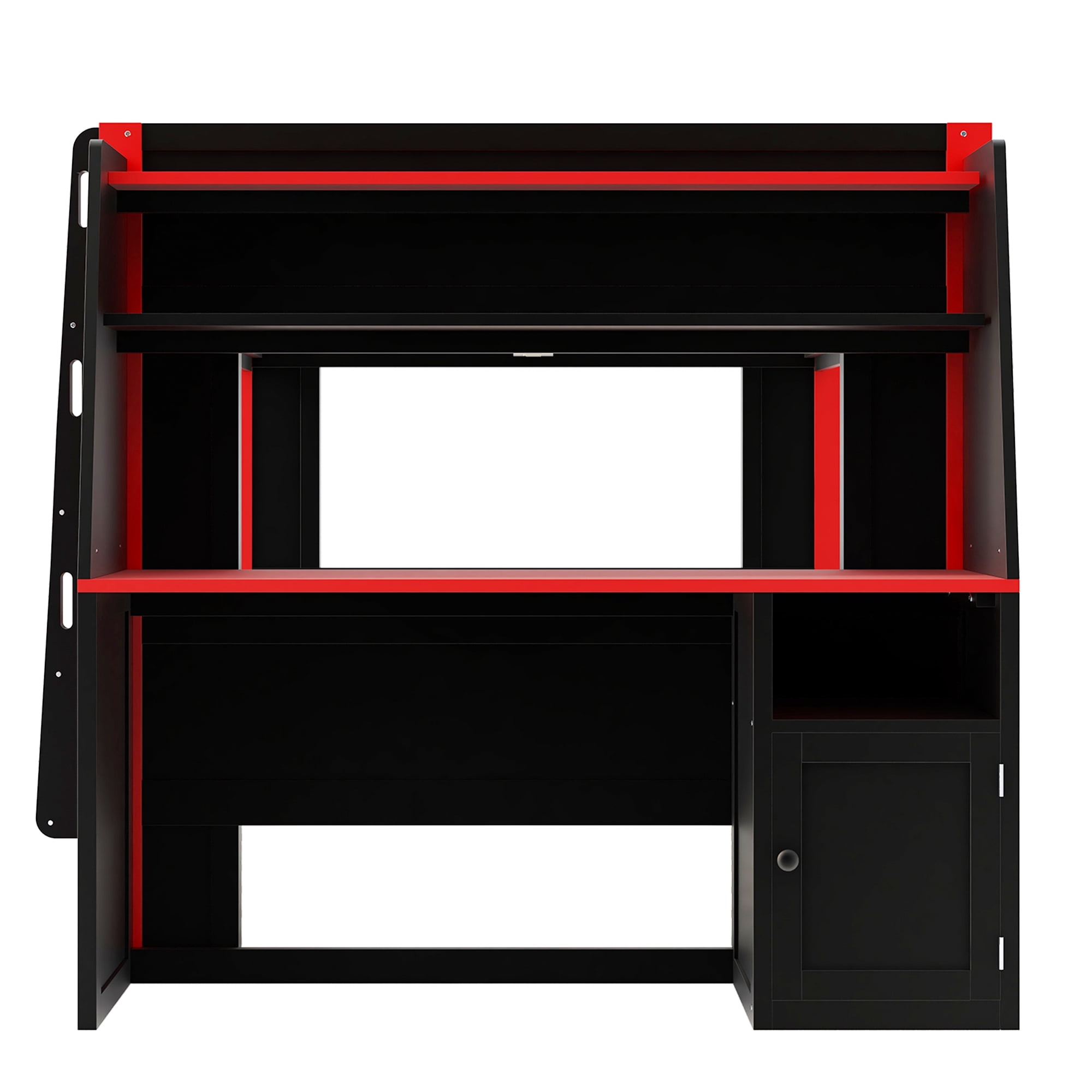 Euroco Wood Full over Full Bunk Bed with Desk and Shelves, Gaming Bed with Trundle and LED Lights, Red & Black