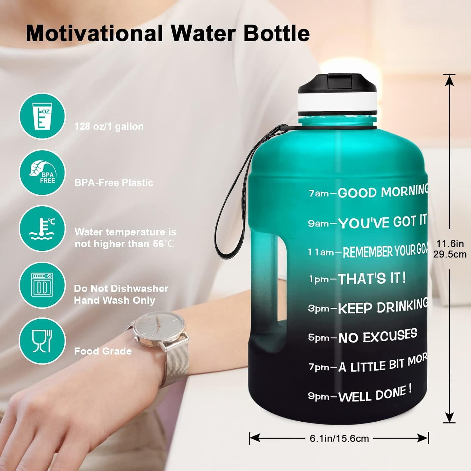 Motivational Gallon Water Bottle - with Straw & Time Marker  Large   Water Jug with Handle for Fitness Outdoor Enthusiasts Leak-Proof