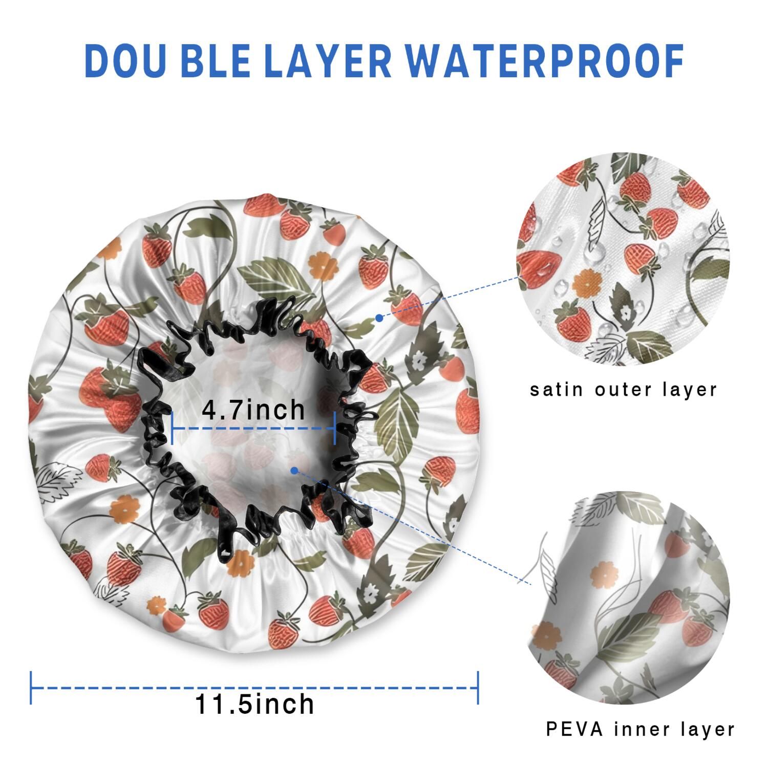 Shower Caps,Strawberry Plants Fruit Flower Leaf Waterproof Shower Cap for Women 4 Pieces,Double Reusable Hair Cover for Shower PEVA Elastic Stretch Hem