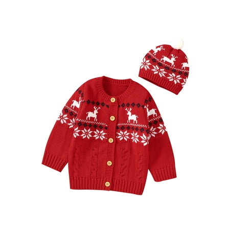 

Bagilaanoe Toddler Baby Girl Christmas Knit Cardigan Long Sleeve Sweater Elk Snowflake Pattern Knitwear Coat + Hat 6M 9M 12M 18M 24M 3T Fall Casual Tops Outwear