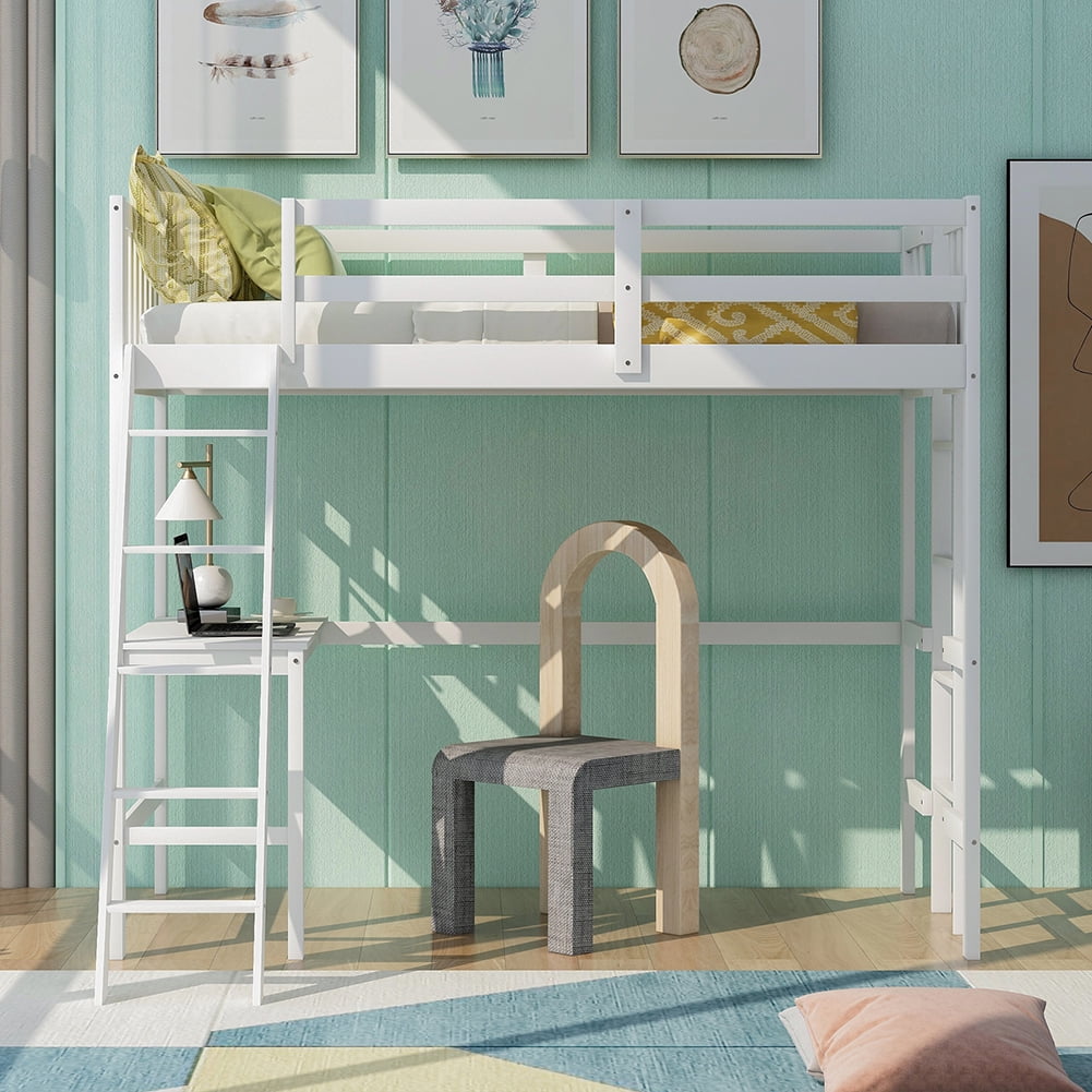 Kadyn Wood Loft Bed with Desk and Two Ladders, Twin Size Bunk Bed(White) Kadyn Wood Loft Bed with Desk and Two Ladders, Twin Size Bunk Bed(White)