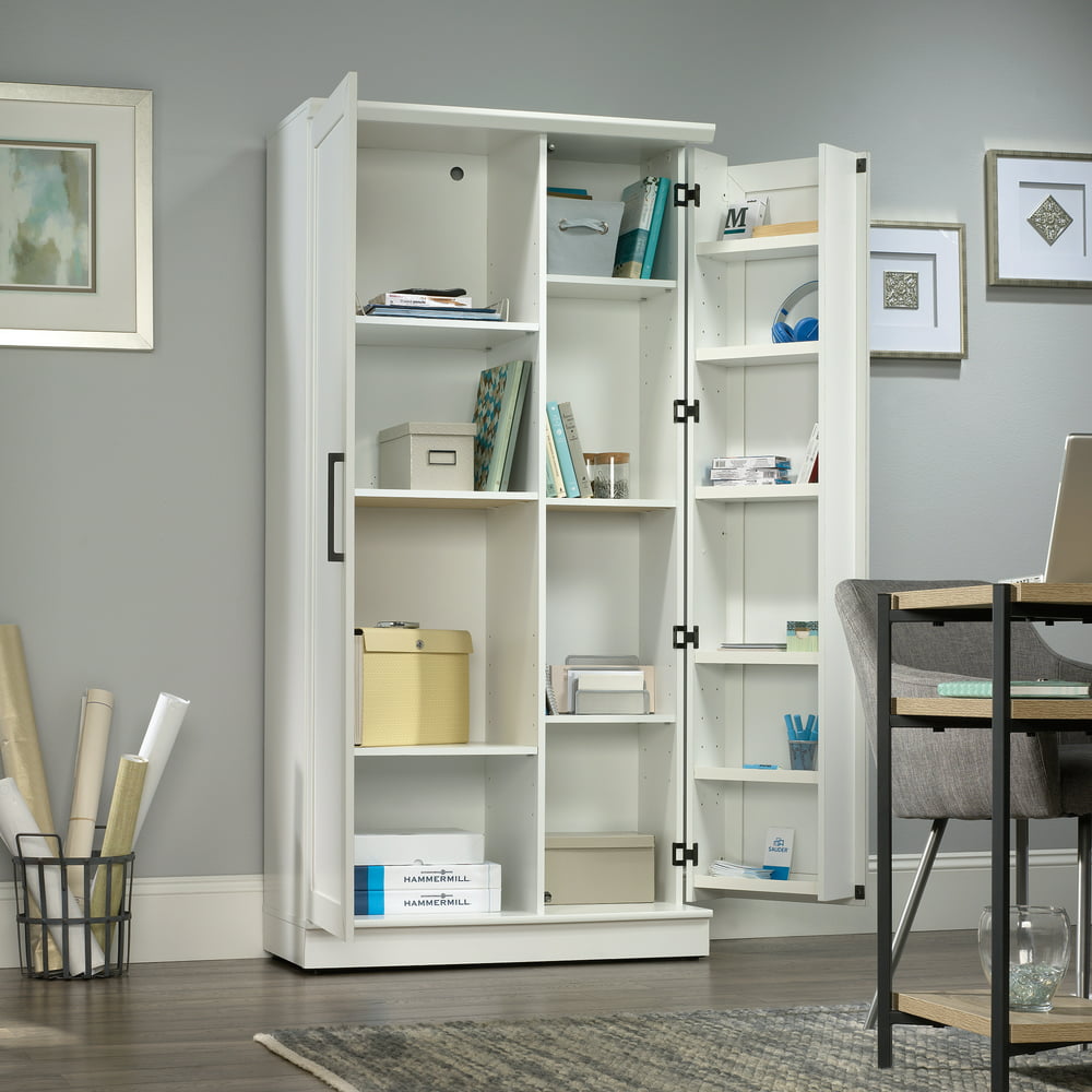 Tall Storage Cabinet w/ Door Shelves Wood Office Kitchen Pantry Organizer White