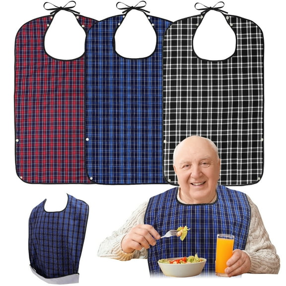 3 Pack Adult Bibs Washable Waterproof Clothing Protector with Crumb Catcher for Men Women Elderly, 31x18 Inch, Upgraded Polyester