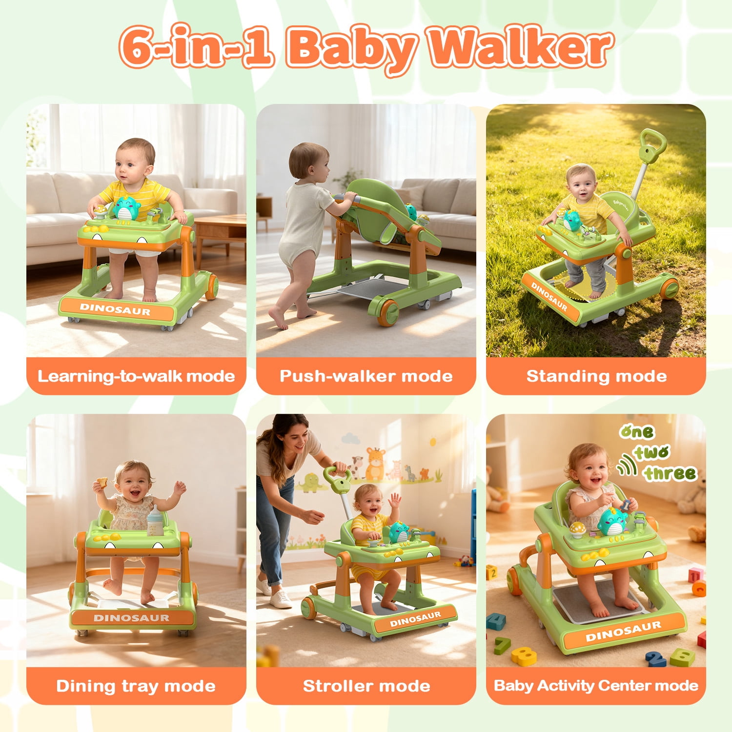 WonderStone Baby Walker, Adjustable Seat and Height, Music & Light, Dinosaur Walkers and Activity Center for Boys and Girls 6-24Months (Green)