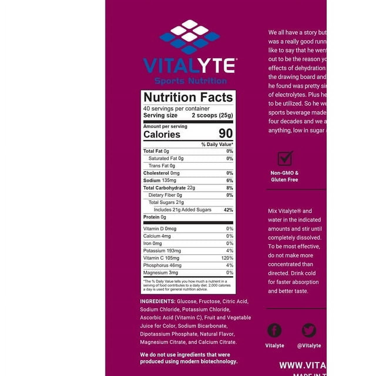 Vitalyte Cranberry Frost Electrolyte Powder Mix, Isotonic Hydration, 160 Servings (4-Pack, 35 oz each)