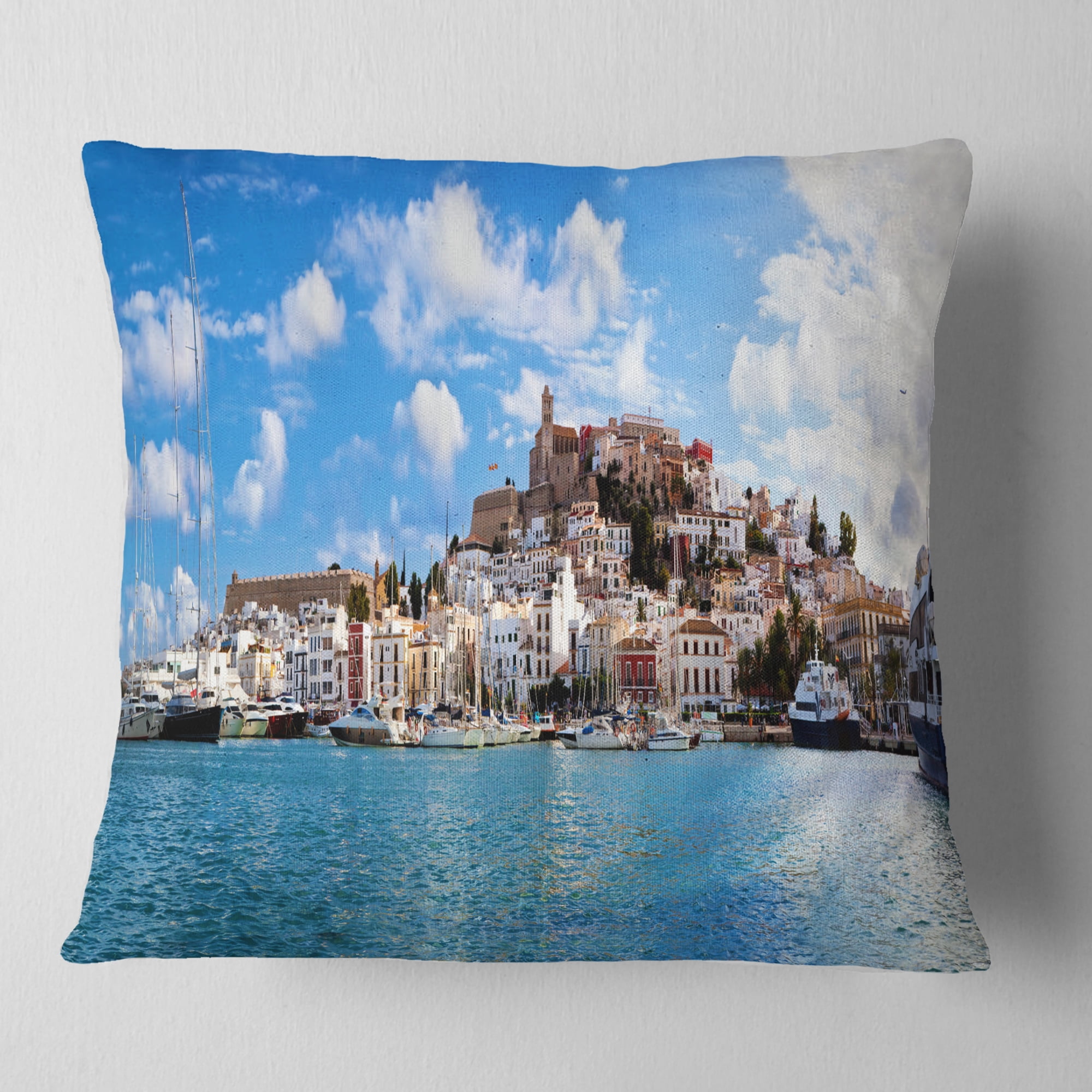Designart Panorama of Ibiza Spain - Cityscape Photo Throw Pillow - 18x18
