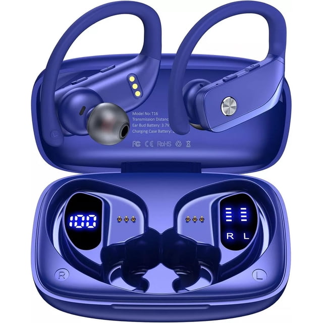 Audífono Inalámbrico Bmani T16 Sport Auricular 48 Horas Pantalla De Alimentación LED Dual Cómodos Ganchos Deportivos Para Las Orejas Azul