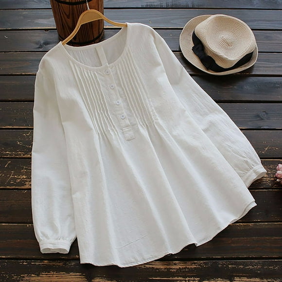 CEHVOM Women Summer Fashion Casual Loose Linen Solid Full-Sleeve O Neck Tops Blouse