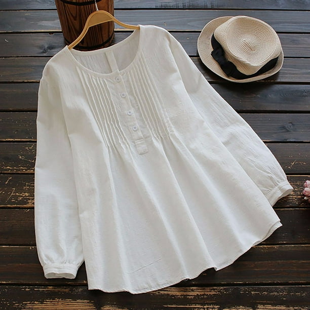 ICHUANYI Clearance Women Summer Fashion Casual Loose Linen Solid Full-Sleeve O Neck Tops Blouse(White, L) ICHUANYI WER2023081115681
