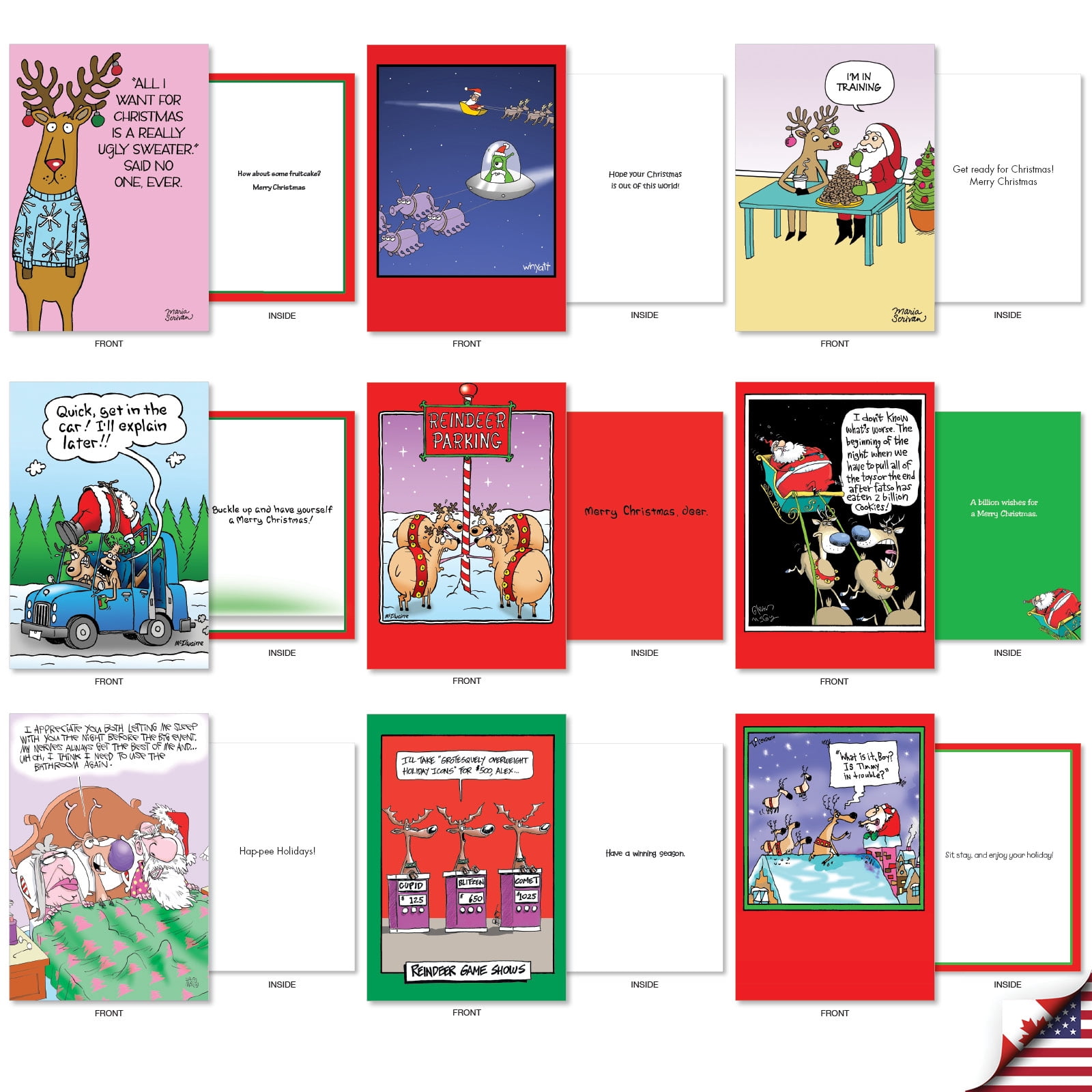 NobleWorks 36 Assorted Box Set Funny Christmas Greeting Cards w/5 x 7 Inch Envelopes (36 Designs, 1 Each) Fun Reindeer AC10711XSG-B1x36