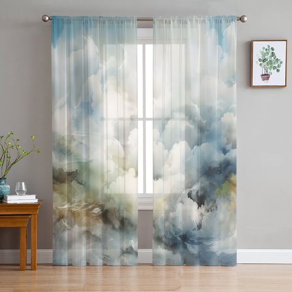 Blue White Ombre Sheer Curtains 84 Inch Length 2 Panels Set for Living Room/Bedroom, Watercolor Cloud Geometric Abstract Art Curtain Sheers Drapes Rod Pocket Curtains Window Treatment Set 52''x84''x2