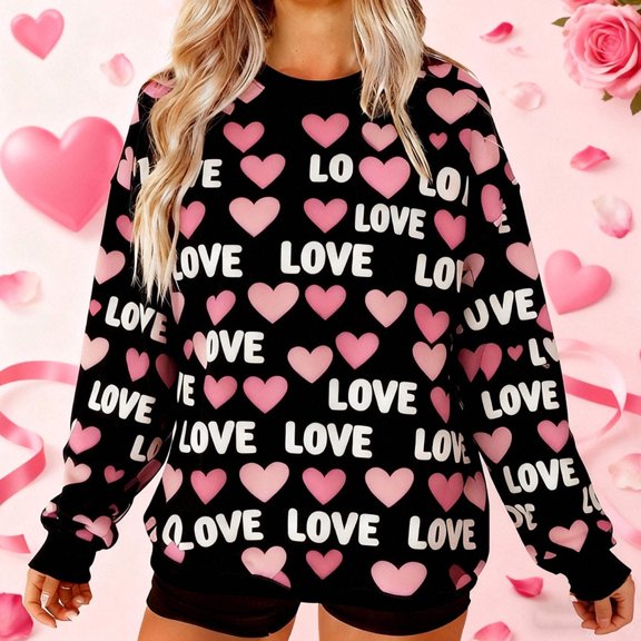 Xdegoge Valentine's Day Sweatshirt Women Love Heart Print Tops Long Sleeve Holiday Fashion Outfit Soft Oversized Crewneck Couples Matching Sweatshirts