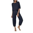 thumbnail image 2 of Ndbuld Womens Fashion 2 Piece Outfits Short Sleeve Tops Set Matching Shorts Loungewear Tracksuit Lounge Sets Dark Blue L, 2 of 6
