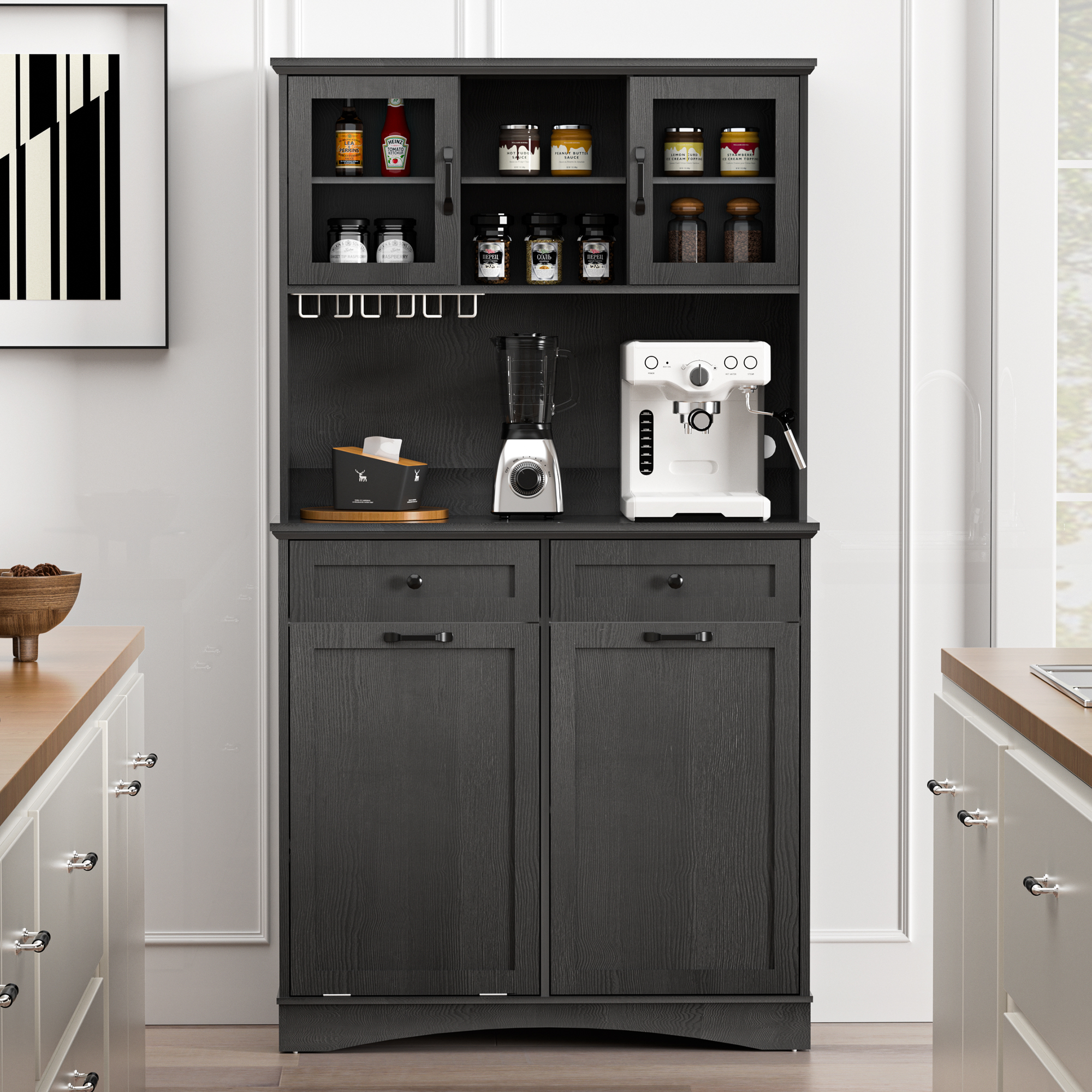 HARIPUL 2-in-1 Kitchen Trash Cabinet & Pantry Cabinet, 13 Gallon Garbage Can, Freestanding Tilt Out Storage Cabinet w/ Shelves for Kitchen & Living Room, Black